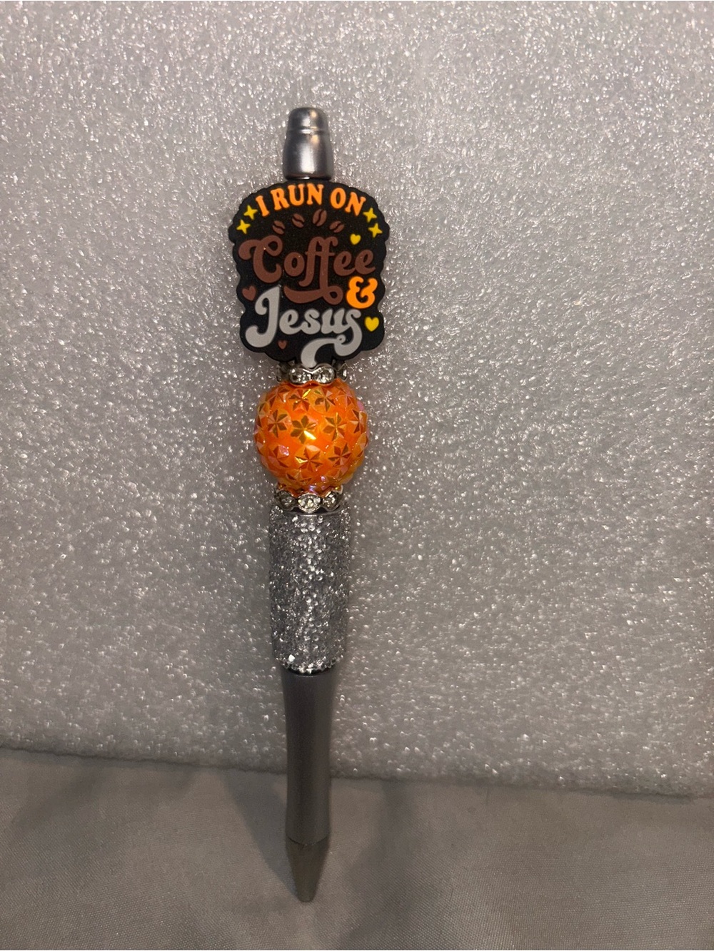 Hand Crafted Orange and Silver 'I Run On Coffee & Jesus' Decorative Pen